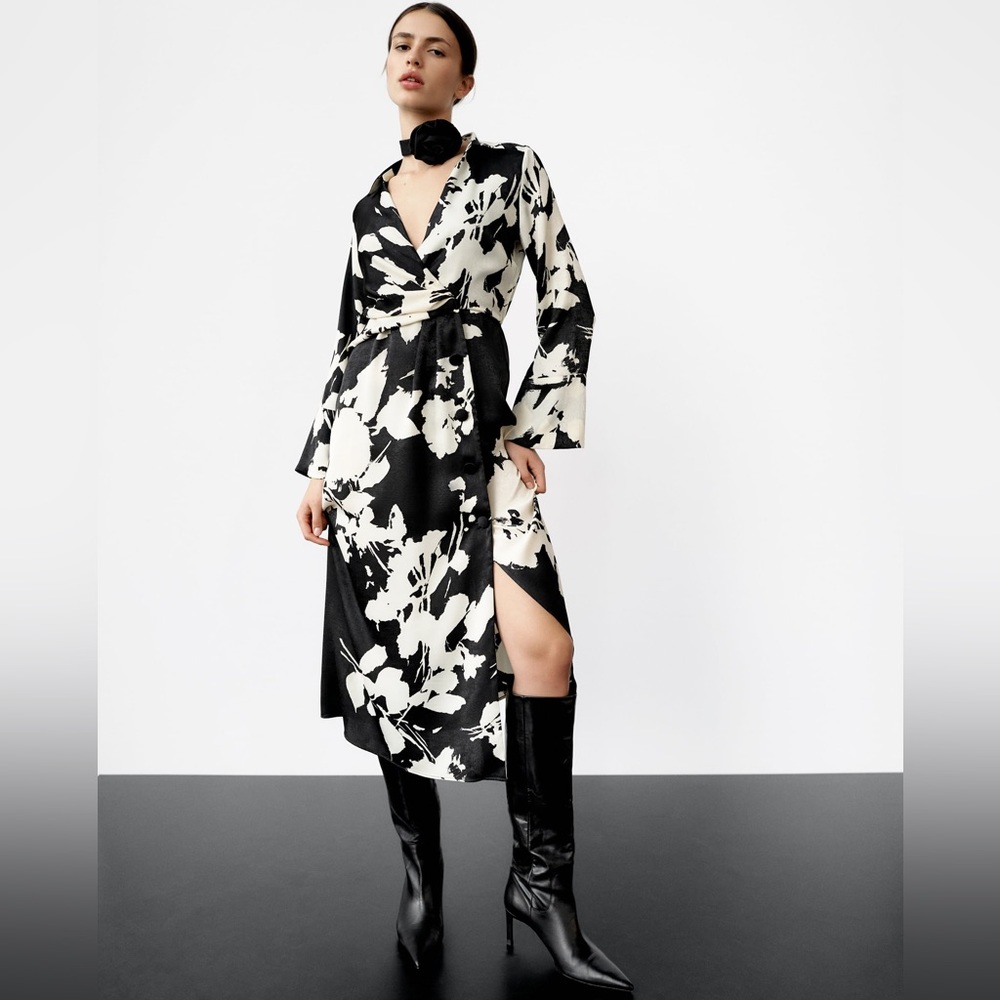 Zara Black and White Floral Wrap Dress